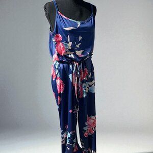 Navy Blue Floral Wide-Leg Jumpsuit with Spaghetti Straps